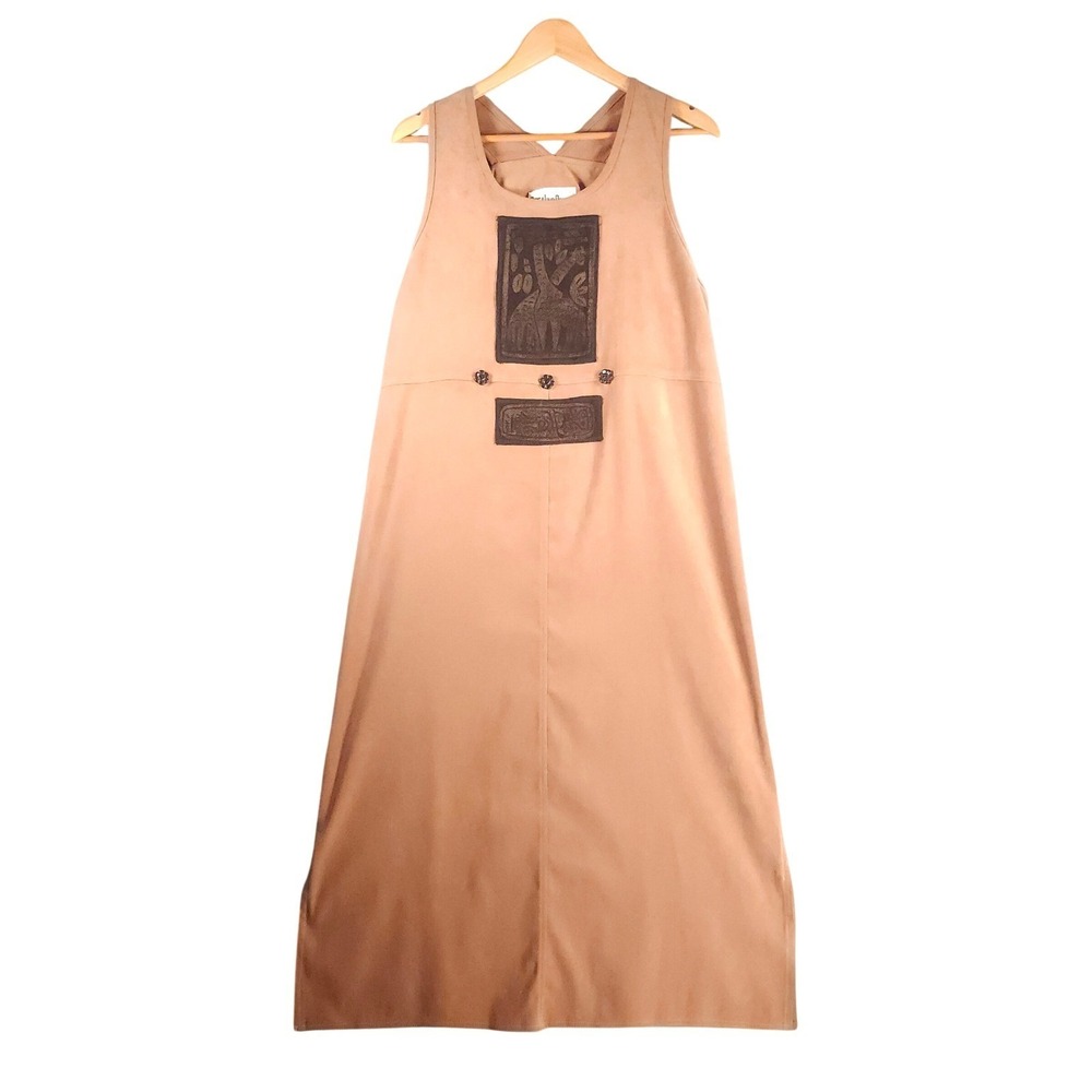 VTG Piccalino Petites Maxi Dress Women Tan Giraffe‎ Print Boho Faux Suede 46L